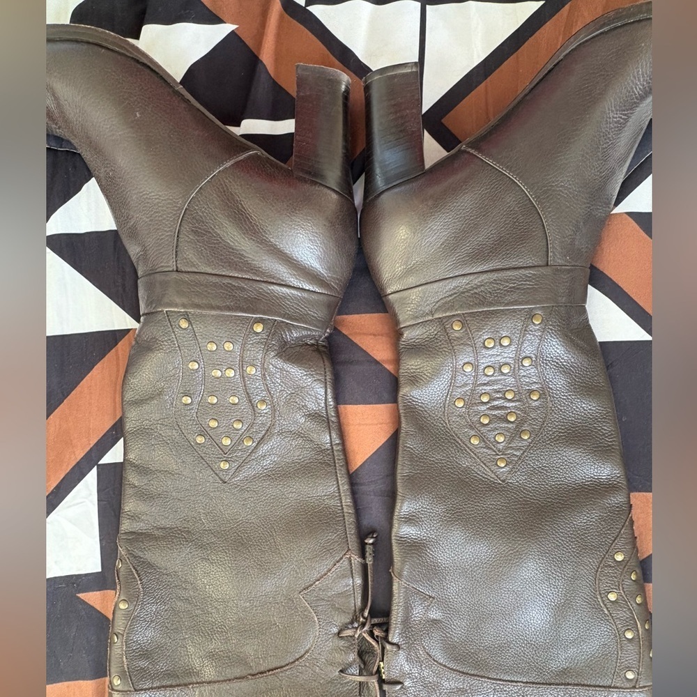 Via Spiga Chocolate Heeled Boots with Gold Studs - Picture 2 of 5